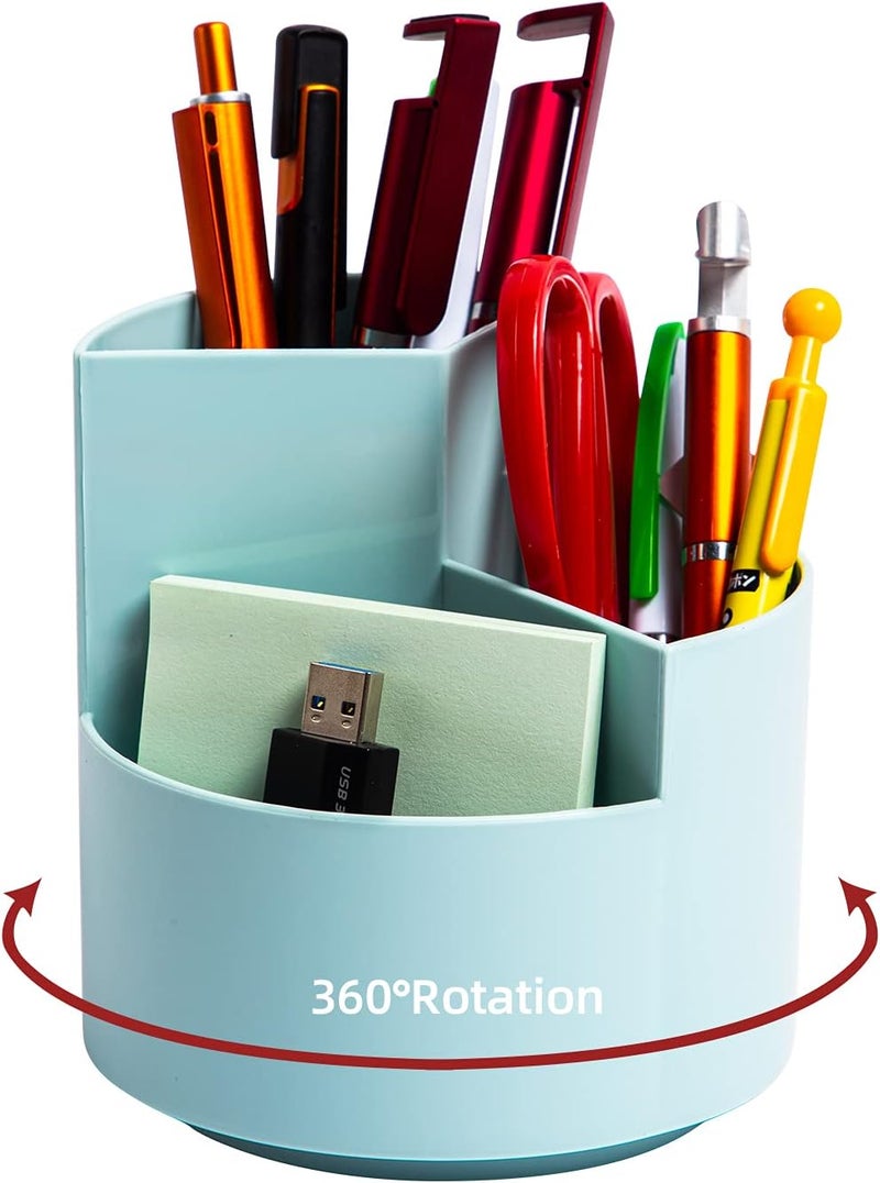 EDENMS Desk Pencil Pen Holder, 3-Slot 360 Spinning Desk Organizer, Cute Pencil Cup Pot for Office, School, Art Supply - Blue - Image 1